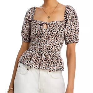 NWT Paige Azul Puff Sleeve Top Black Floral Size Medium Women's